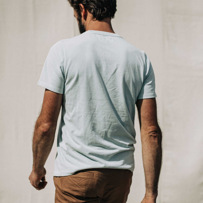 our fit model wearing The Heavy Bag Tee in Dusty Sky