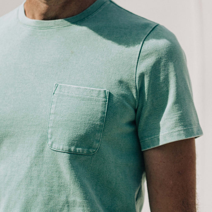 our fit model wearing The Heavy Bag Tee in Dusty Teal