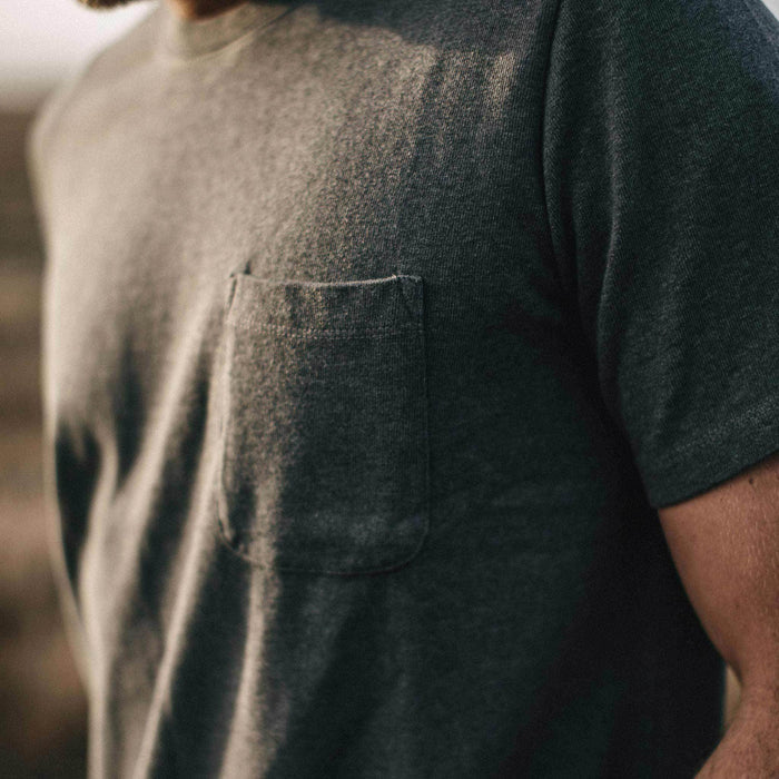 Our fit model wearing The Heavy Bag Tee in Heather Grey from Taylor Stitch.