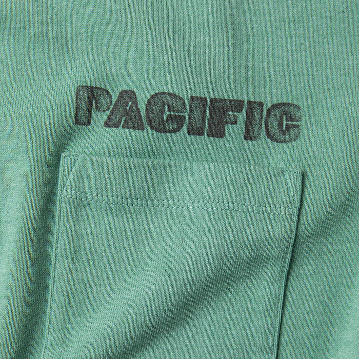 material shot of chest pocket with "pacific" text