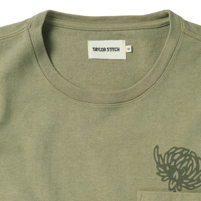 material shot of the collar and label on The Heavy Bag Tee in Sage Dahlia