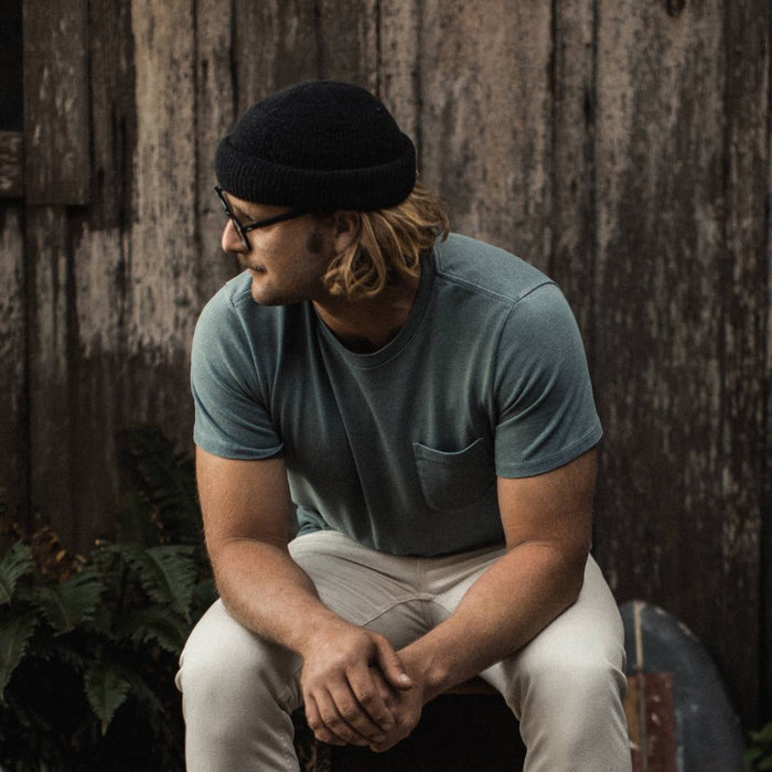 Our fit model wearing The Heavy Bag Tee in Seafoam.