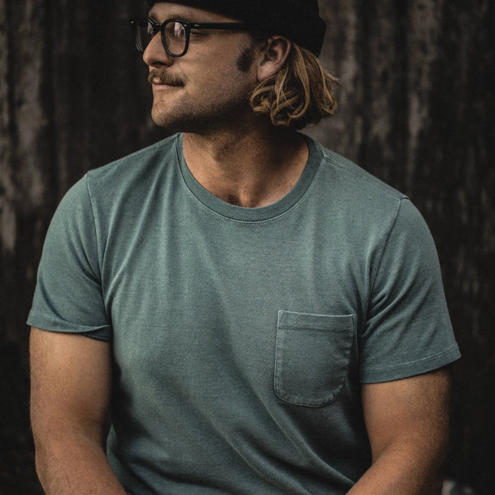 Our fit model wearing The Heavy Bag Tee in Seafoam.