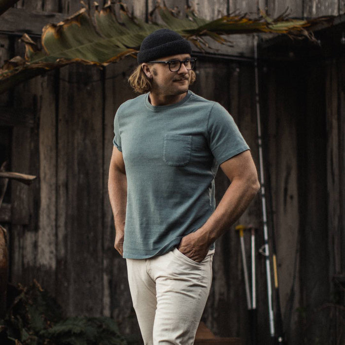 Our fit model wearing The Heavy Bag Tee in Seafoam.