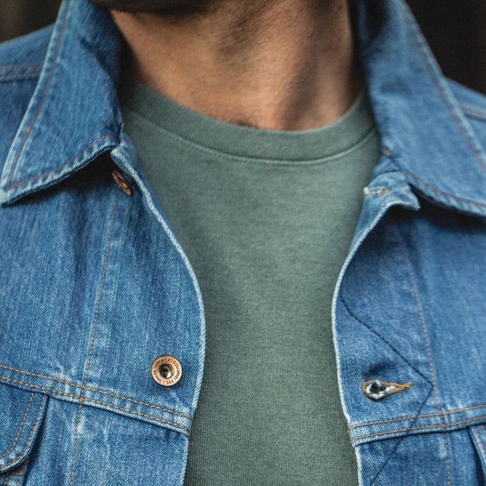 Our fit model wearing The Heavy Bag Tee in Seafoam.