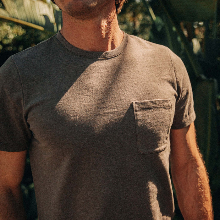 fit model showing the front of The Heavy Bag Tee in Walnut