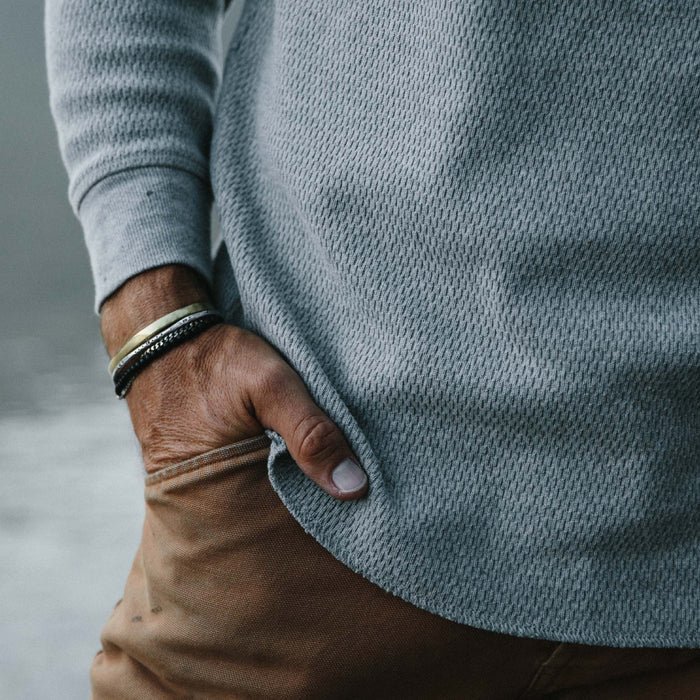 fit model showing hem cuff of The Heavy Bag Waffle Crewneck in Aluminum