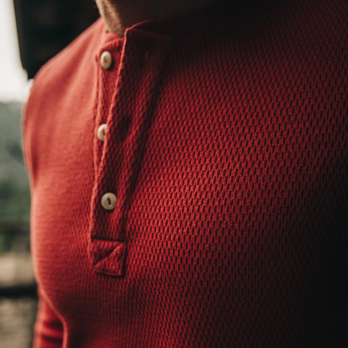 The Heavy Bag Waffle Henley in Cardinal—cropped shot of chest