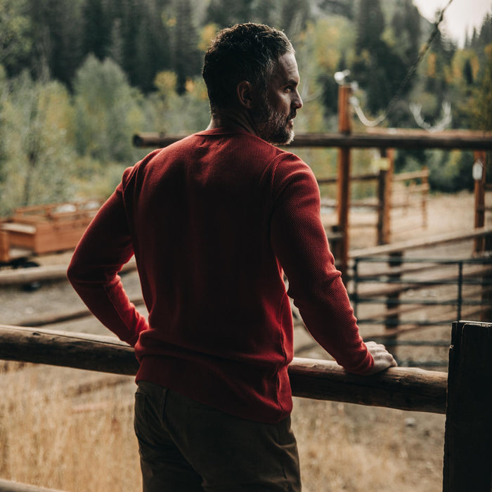 The Heavy Bag Waffle Henley in Cardinal—back shot