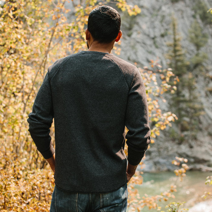 fit model from the back in The Heavy Bag Waffle Henley in Coal