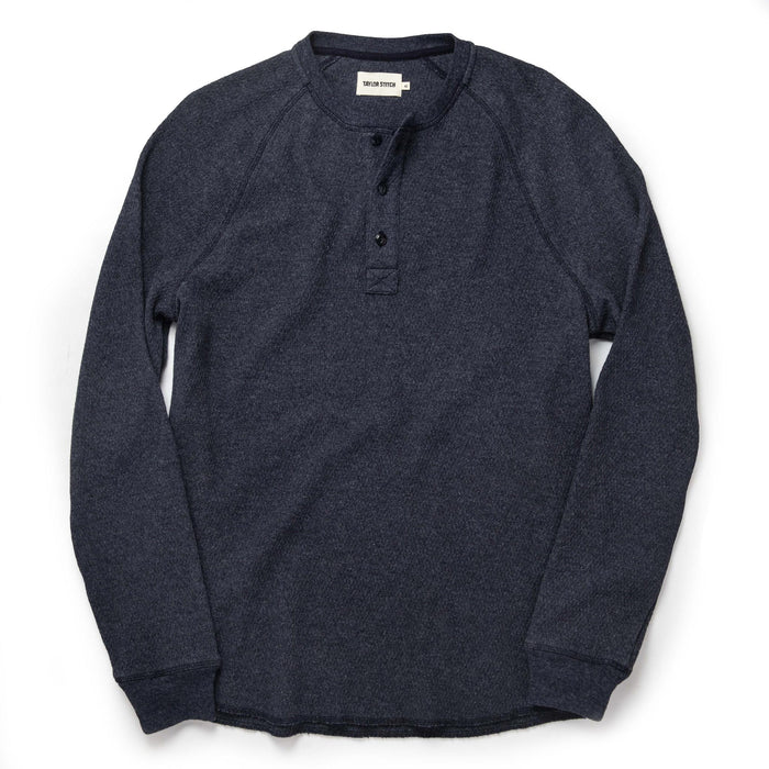 flatlay of The Heavy Bag Waffle Henley in Navy