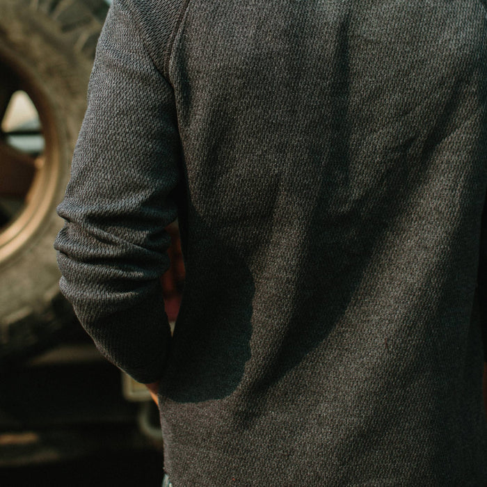 fit model from the back in The Heavy Bag Waffle Henley in Navy