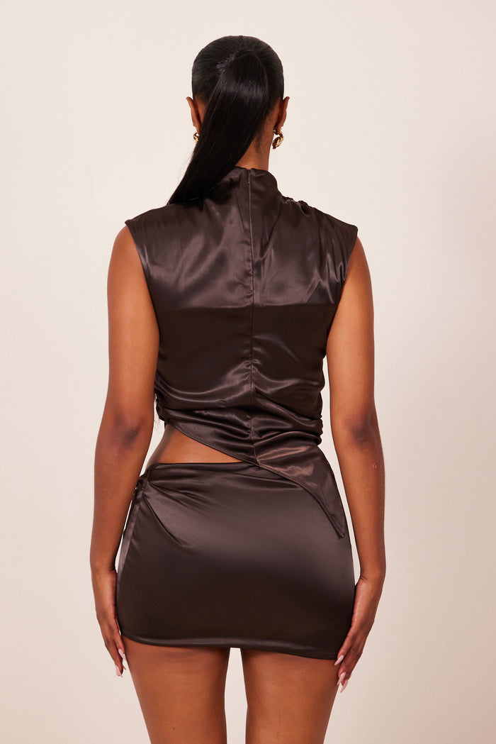 The High Neck Plated Satin Set in Brown
