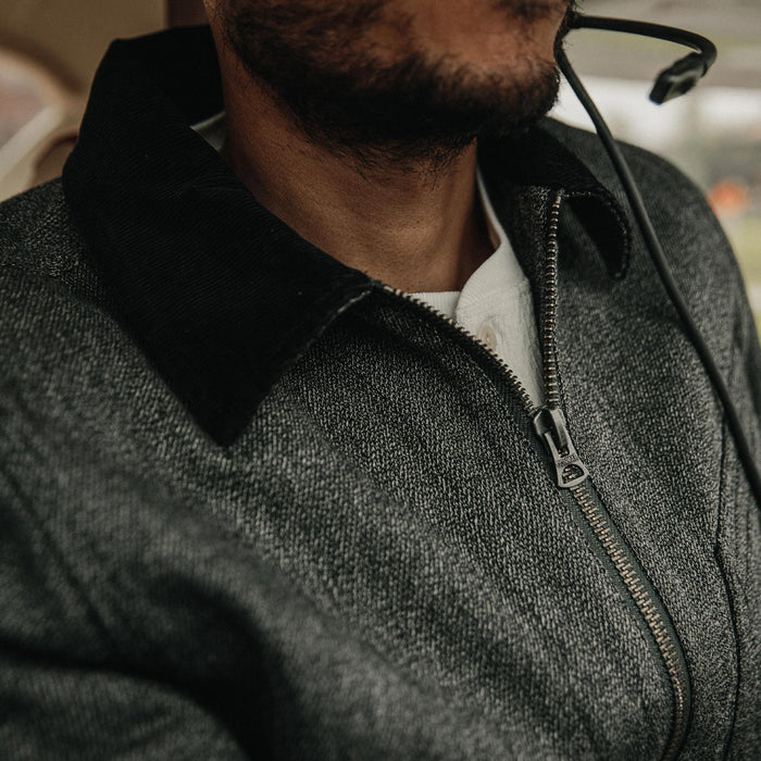 fit model wearing The Ignition Jacket in Indigo Salt and Pepper with closeup of collar