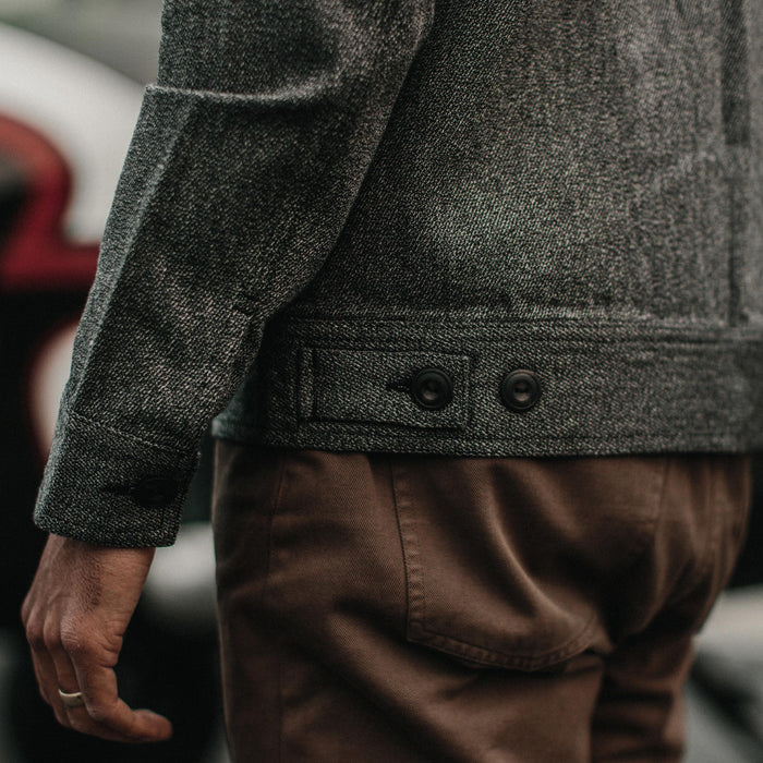 fit model wearing The Ignition Jacket in Indigo Salt and Pepper with view from back cuff