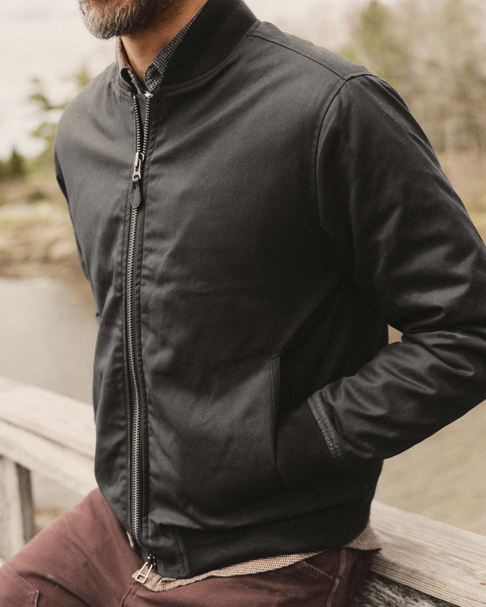 fit model in The Insulated Bomber Jacket in Coal Dry Wax