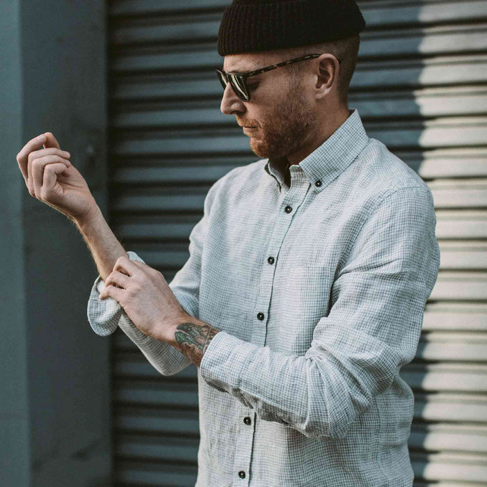 Our fit model wearing The Jack in Ash Gingham from Taylor Stitch.
