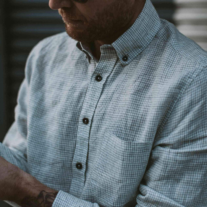 Our fit model wearing The Jack in Ash Gingham from Taylor Stitch.