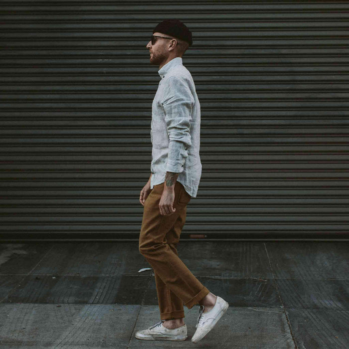Our fit model wearing The Jack in Ash Gingham from Taylor Stitch.