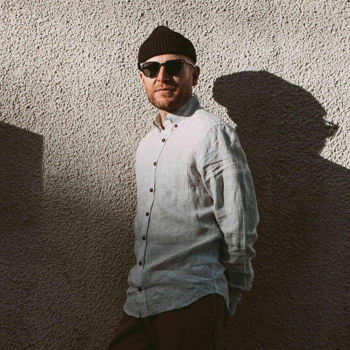 Our fit model wearing The Jack in Ash Gingham from Taylor Stitch.
