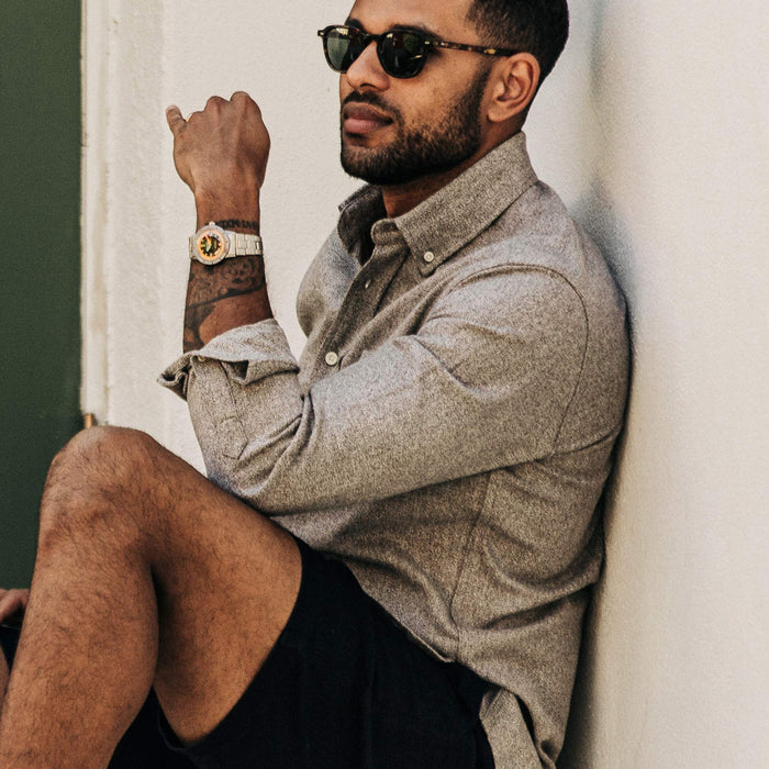 our fit model wearing The Jack in Ash Hemp Melange