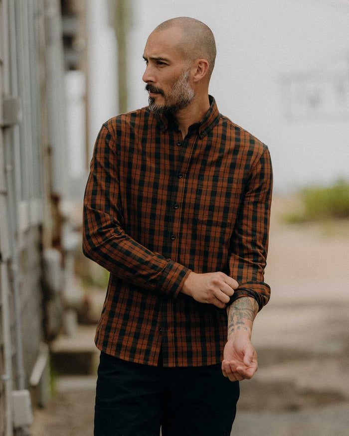 fit model walking wearing The Jack in Autumn Pine Plaid Flannel