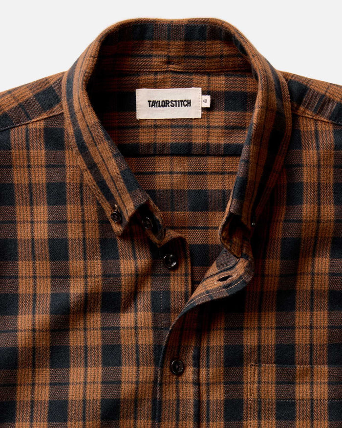material shot of the collar on The Jack in Autumn Pine Plaid Flannel