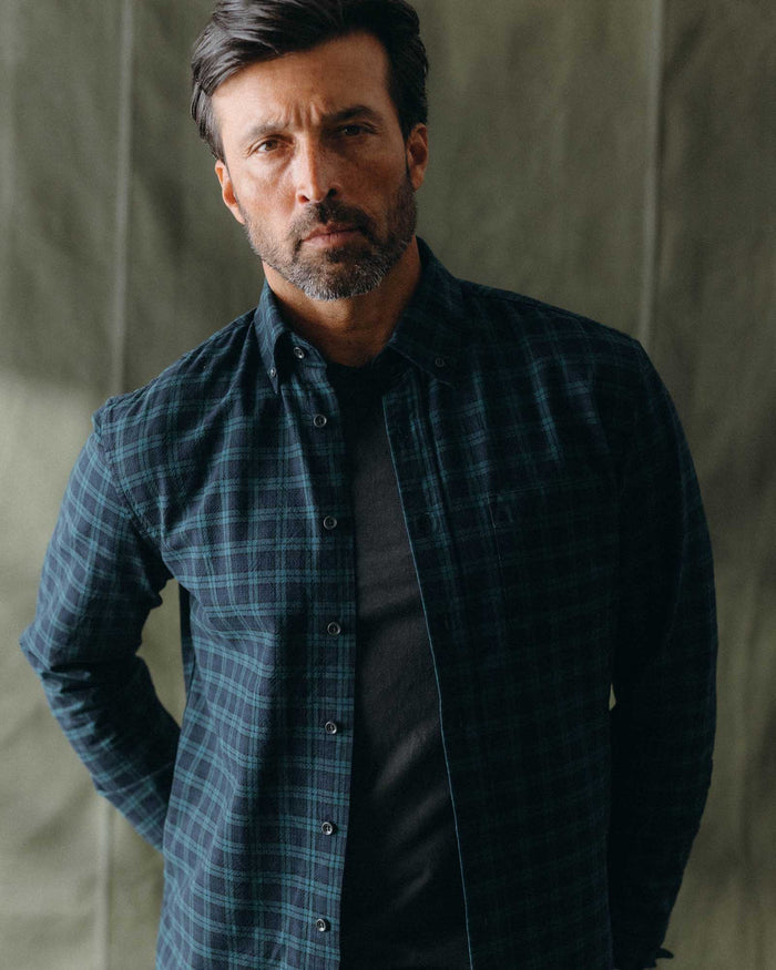 fit model posing in The Jack in Blackwatch Plaid
