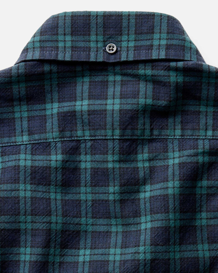 material shot of the back button on the collar on The Jack in Blackwatch Plaid