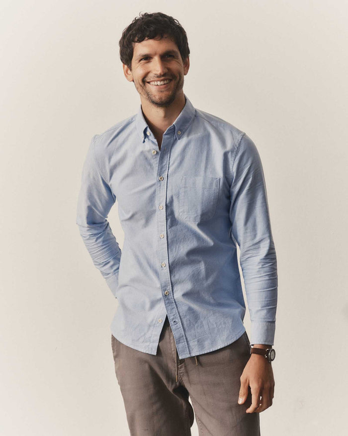 fit model with his hand in his pocket wearing The Jack in Blue Everyday Oxford