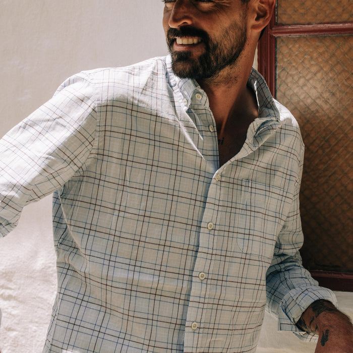 fit model posing in The Jack in Blue Fade Plaid