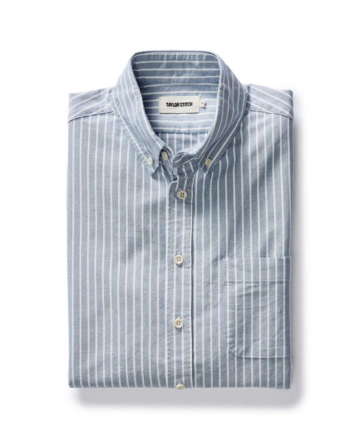 folded flatlay of The Jack in Blue Sky Stripe Oxford