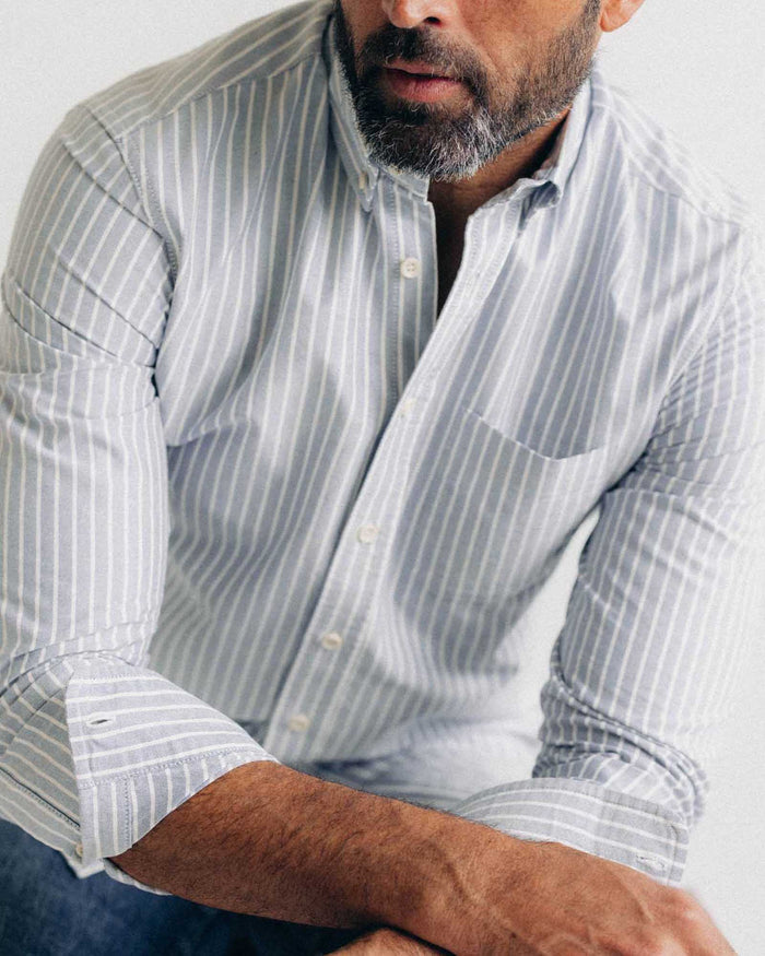 fit model posing in The Jack in Blue Sky Stripe Oxford