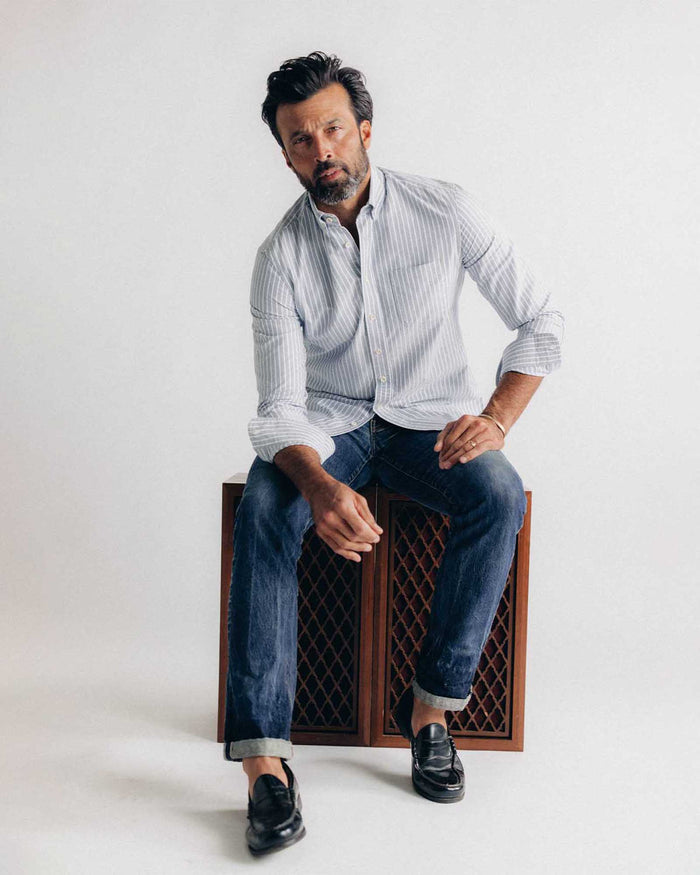 fit model showing off The Jack in Blue Sky Stripe Oxford