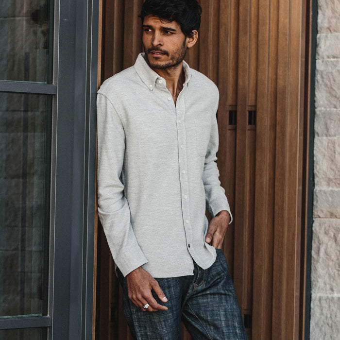 our fit model wearing The Jack in Brushed Heather Grey