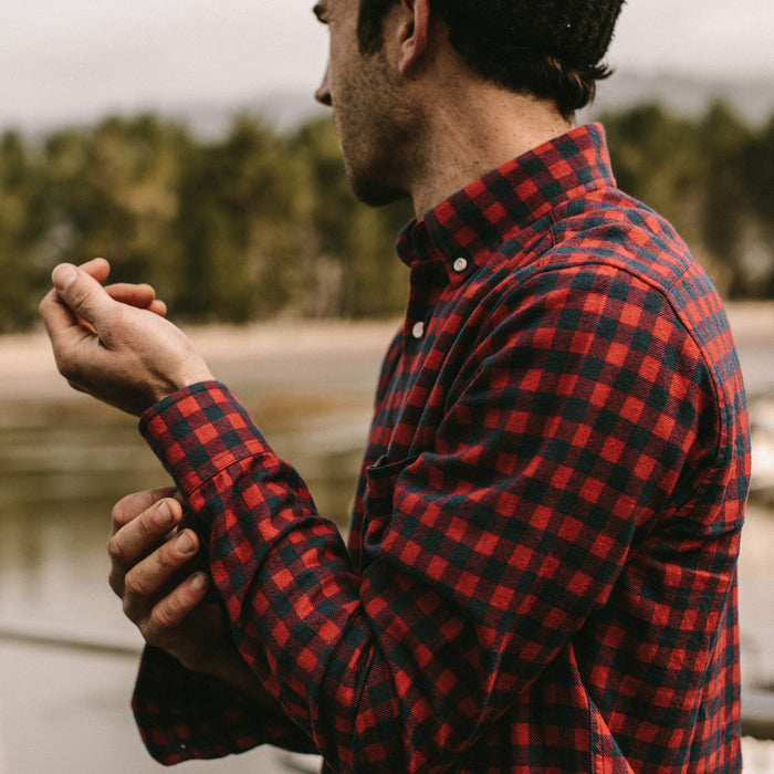 Our fit model wearing The Jack in Brushed Mini Navy Buffalo Check.