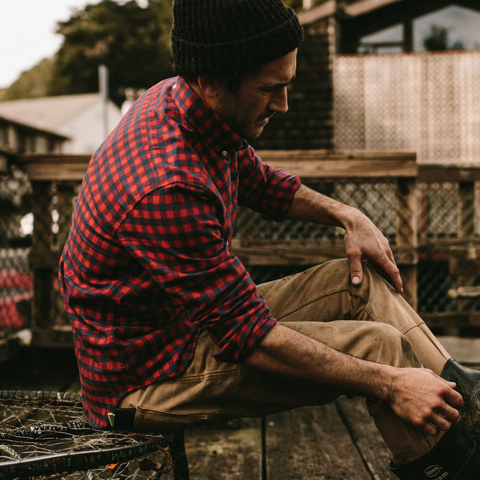 Our fit model wearing The Jack in Brushed Mini Navy Buffalo Check.