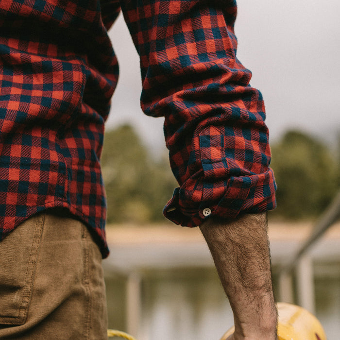 Our fit model wearing The Jack in Brushed Mini Navy Buffalo Check.