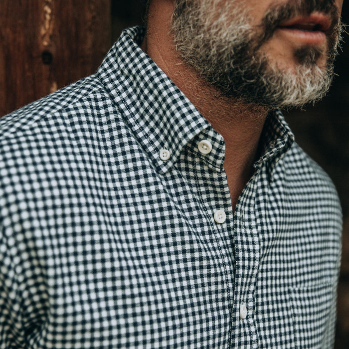 fit model wearing The Jack in Brushed Navy Gingham, chest