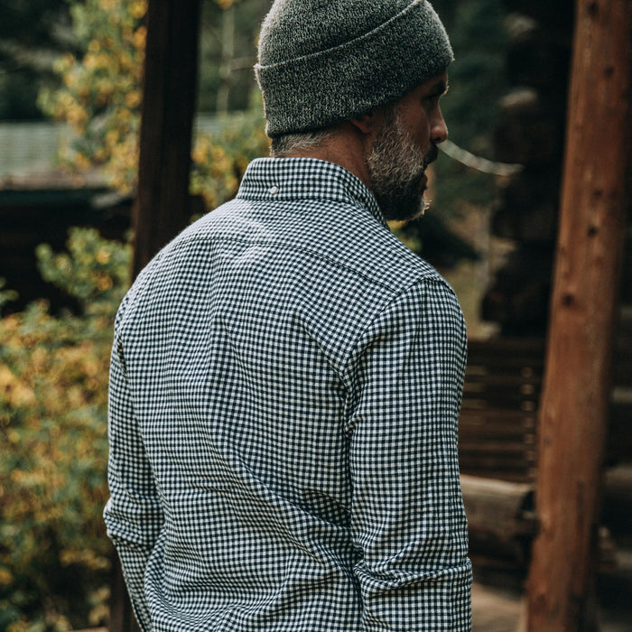 fit model wearing The Jack in Brushed Navy Gingham, back shot