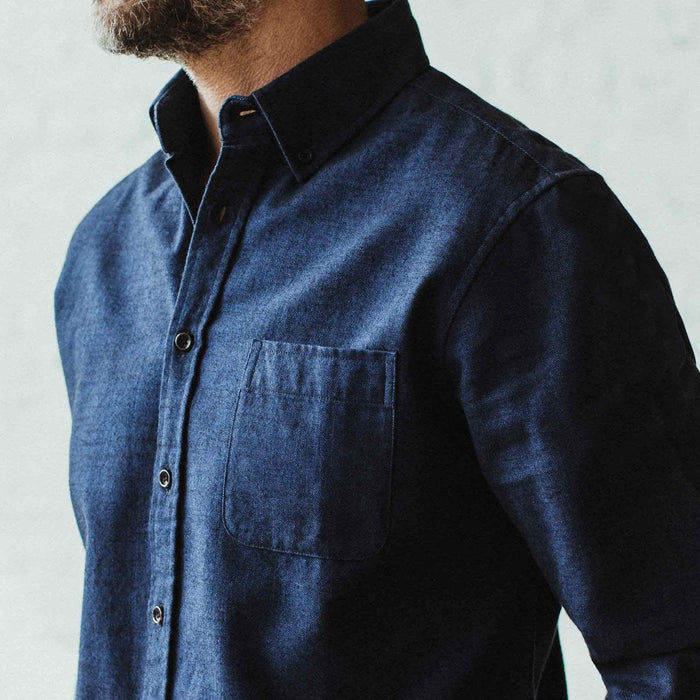 Our fit model wearing The Jack in Brushed Navy Oxford from Taylor Stitch.