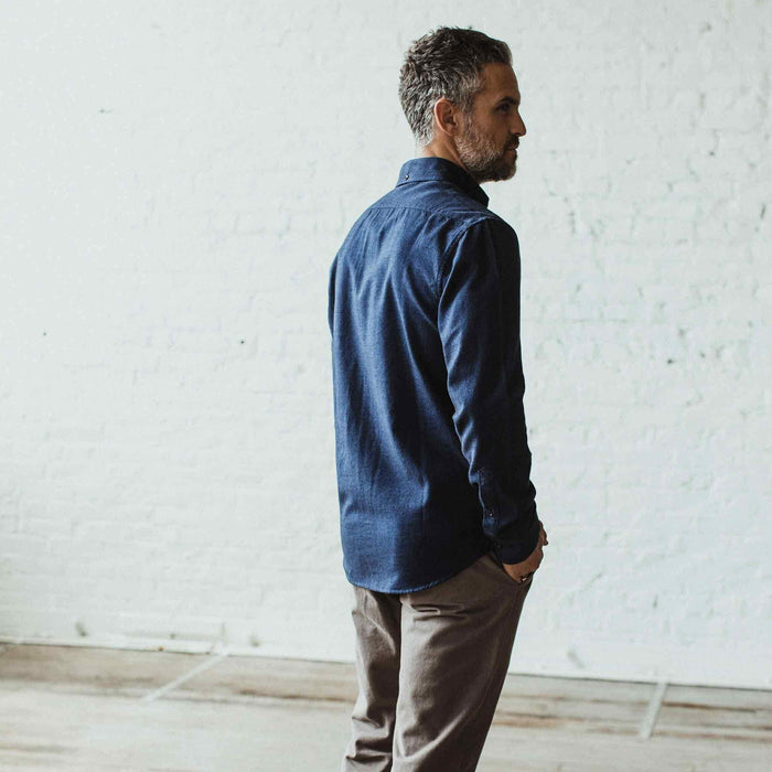 Our fit model wearing The Jack in Brushed Navy Oxford from Taylor Stitch.