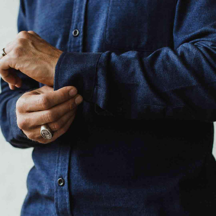 Our fit model wearing The Jack in Brushed Navy Oxford from Taylor Stitch.