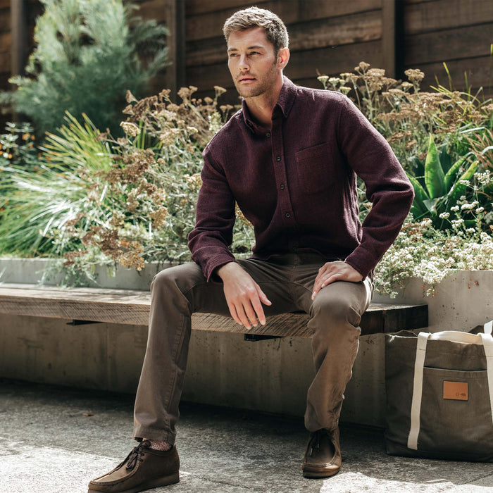 fit model sitting in The Jack in Burgundy Jaspe Waffle