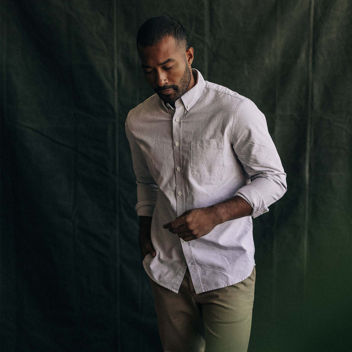 fit model in The Jack in Burgundy University Stripe Oxford