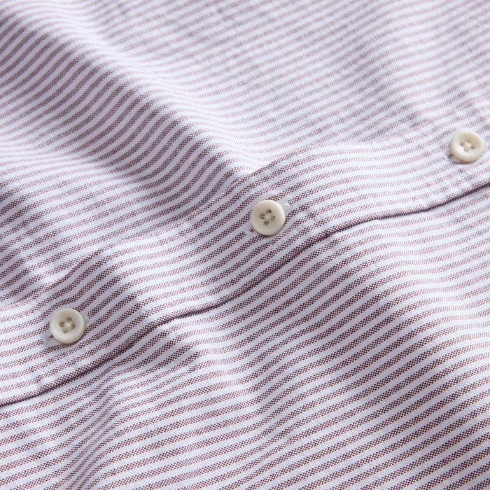 material shot of the buttons on The Jack in Burgundy University Stripe Oxford
