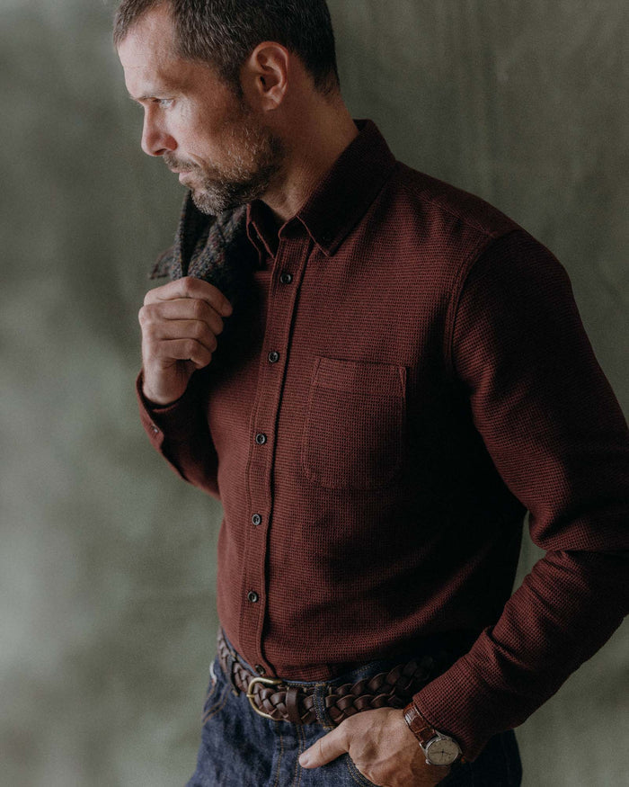 fit model in The Jack in Burgundy Waffle