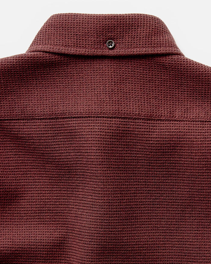 material shot of the button down collar on The Jack in Burgundy Waffle