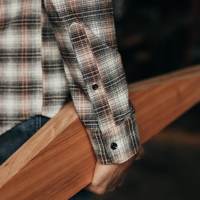 fit model showing off the cuff on The Jack in Cardinal Nep Plaid