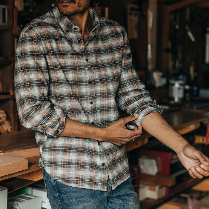 fit model rolling up the cuffs on The Jack in Cardinal Nep Plaid